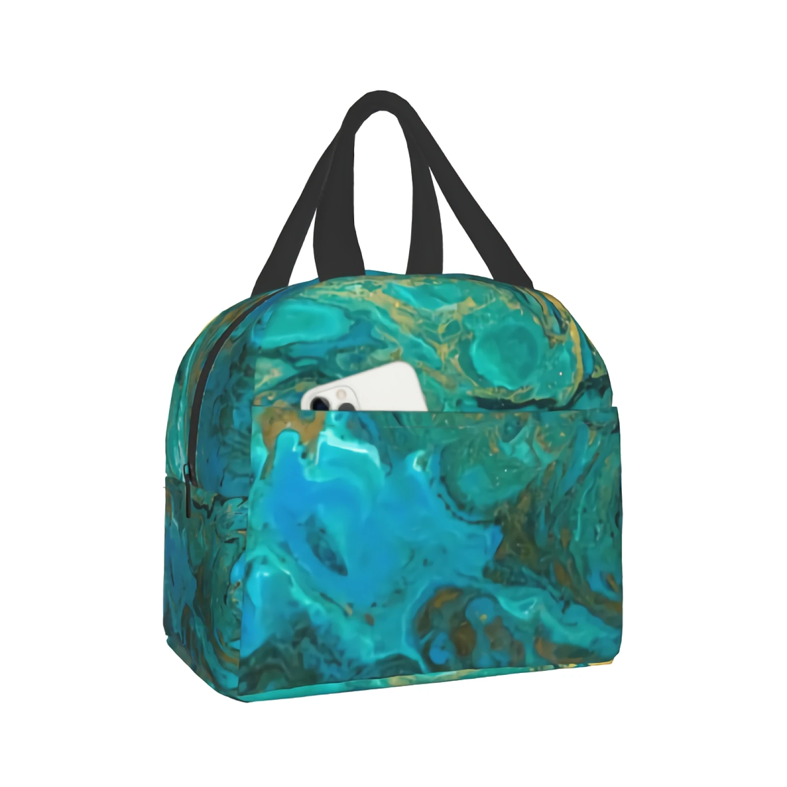 

Изолированная сумка для ланча с мраморной текстурой, многоразовый нескользящий Ланч-бокс с рисунком мятного золота, с защитой от протечек, ...