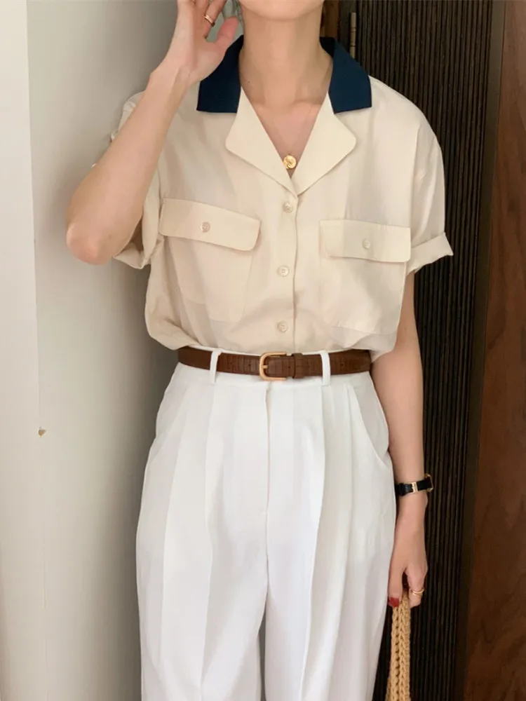 

Женская винтажная рубашка в стиле пэчворк, летняя однобортная Повседневная Блузка с отложным воротником и короткими рукавами, элегантные б...