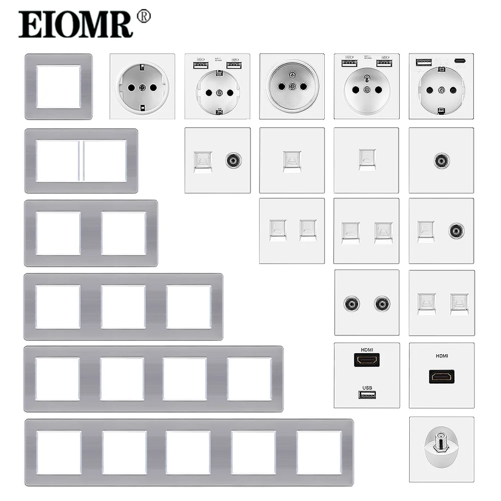 

Панельный выключатель света EIOMR G40 из нержавеющей стали, европейские французские электрические розетки, USB настенная вилка, HDMI TV Rj45, модуль р...