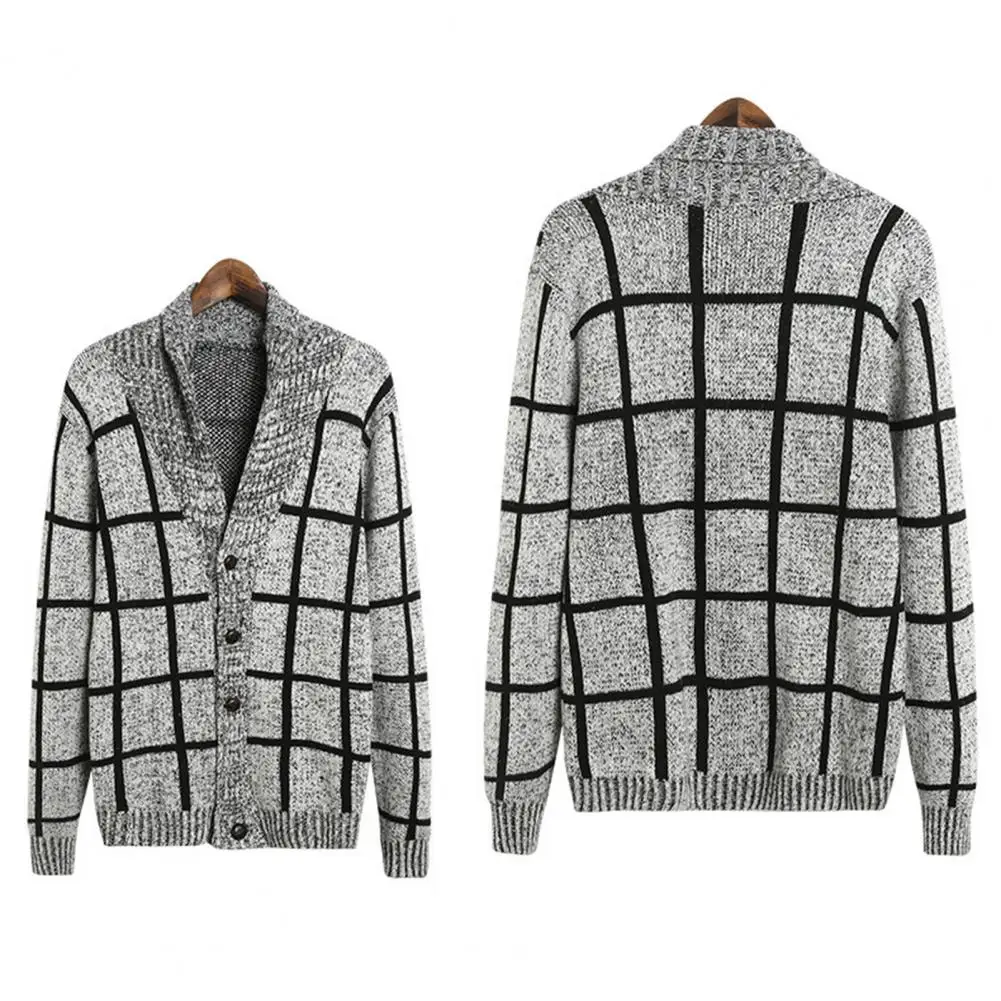 

Клетчатый кардиган свободного кроя, стильный мужской кардиган в клетку, свободный крой, плотный вязаный осенний жакет с ребристыми манжетами