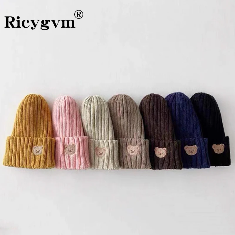 

Детские облегающие шапки с мультяшным медведем, осенне-зимняя теплая шапка в Корейском стиле для мальчиков и девочек, однотонная вязаная шапочка для детей