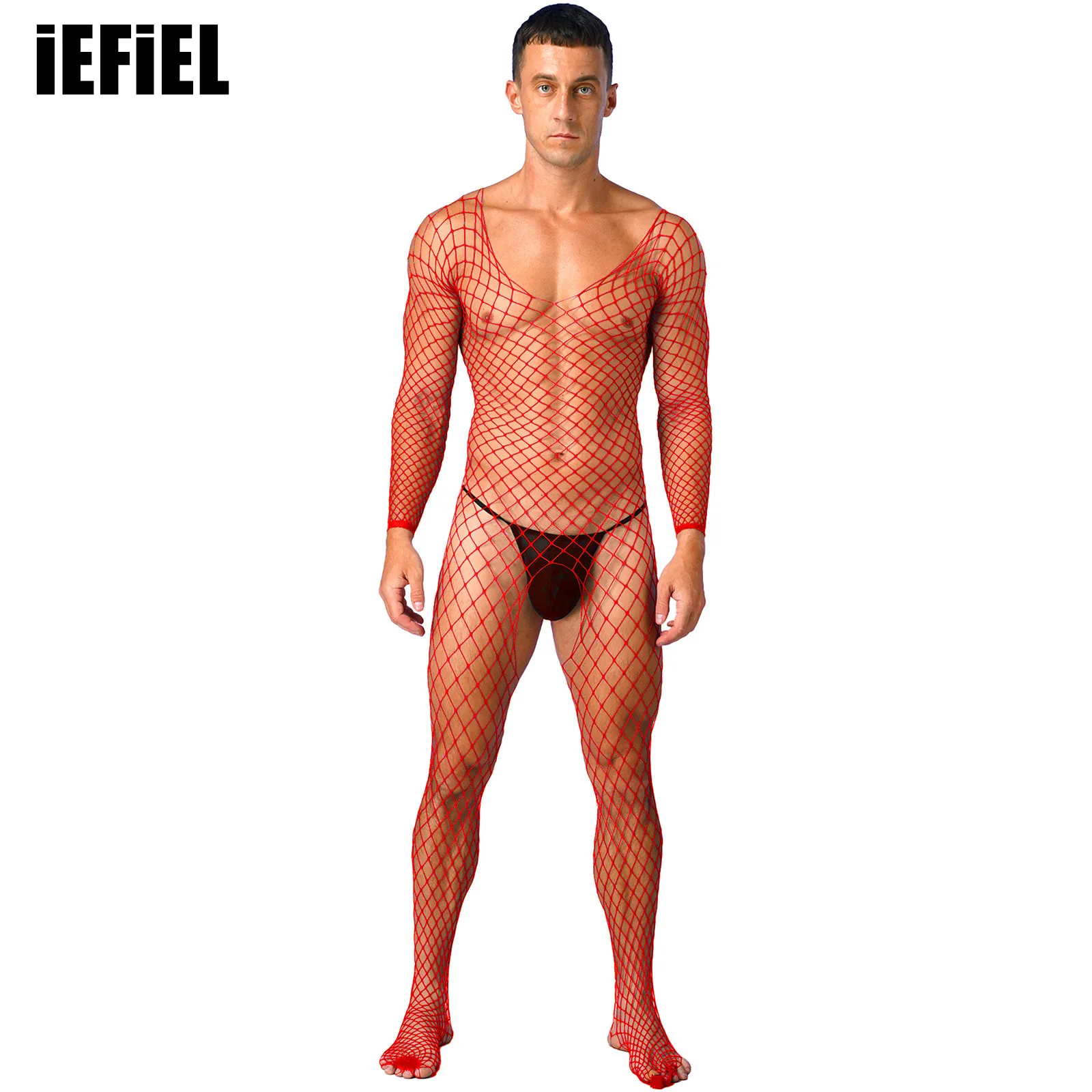 

Mens V Neck Long Sleeve Crotchless Bodystocking Stretchy Hollow Out Fishnet Bodysuit Mesh Lingerie Nightwear Sleepwear