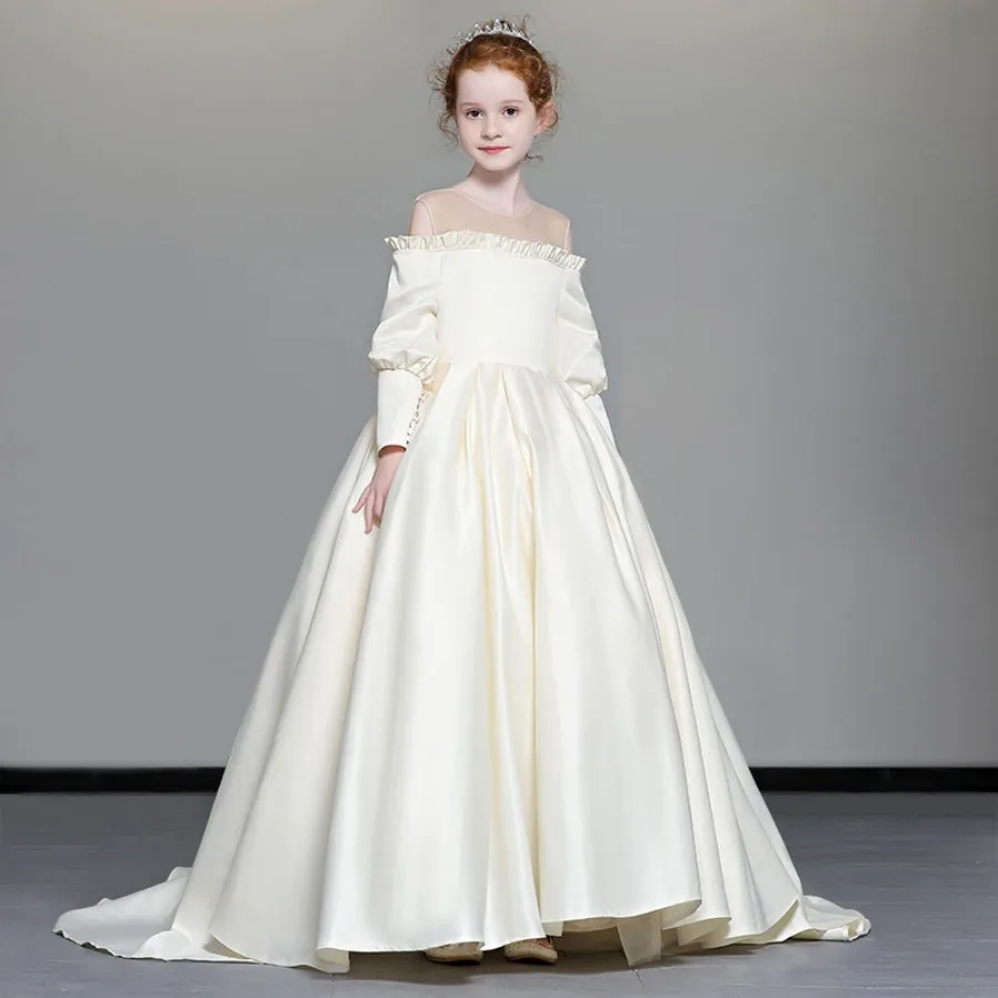 

Платье до щиколотки с длинными рукавами для девочек-подростков, вечернее и Свадебное праздничное платье с завязкой сзади для детей 3-14 лет, вечернее платье для выпускного вечера