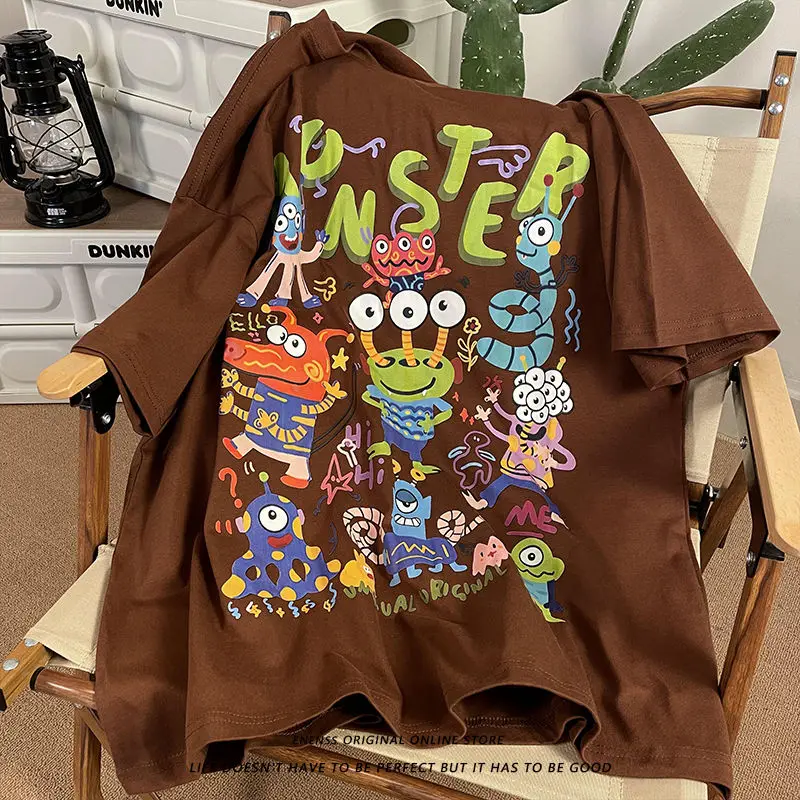 

Brown Cotton Cartoon Print Loose Oversized T-shirt Women 2022 Korean Streetwear Casual Tshirts Summer Student Ins Harajuku Tops