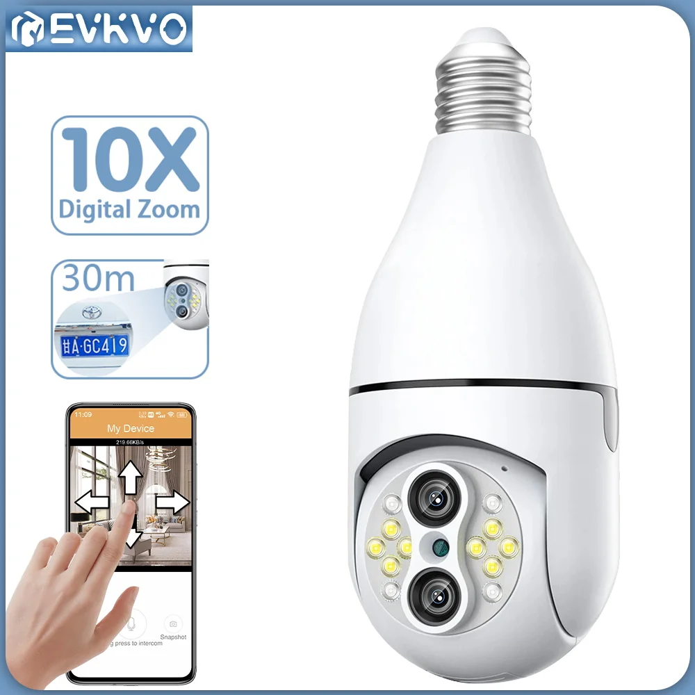 

EVKVO 4MP Dual Lens E27 Bulb Surveillance Camera WIFI 360 Auto Tracking 360 PTZ IP Camera Color Night Vision IP Security CCTV