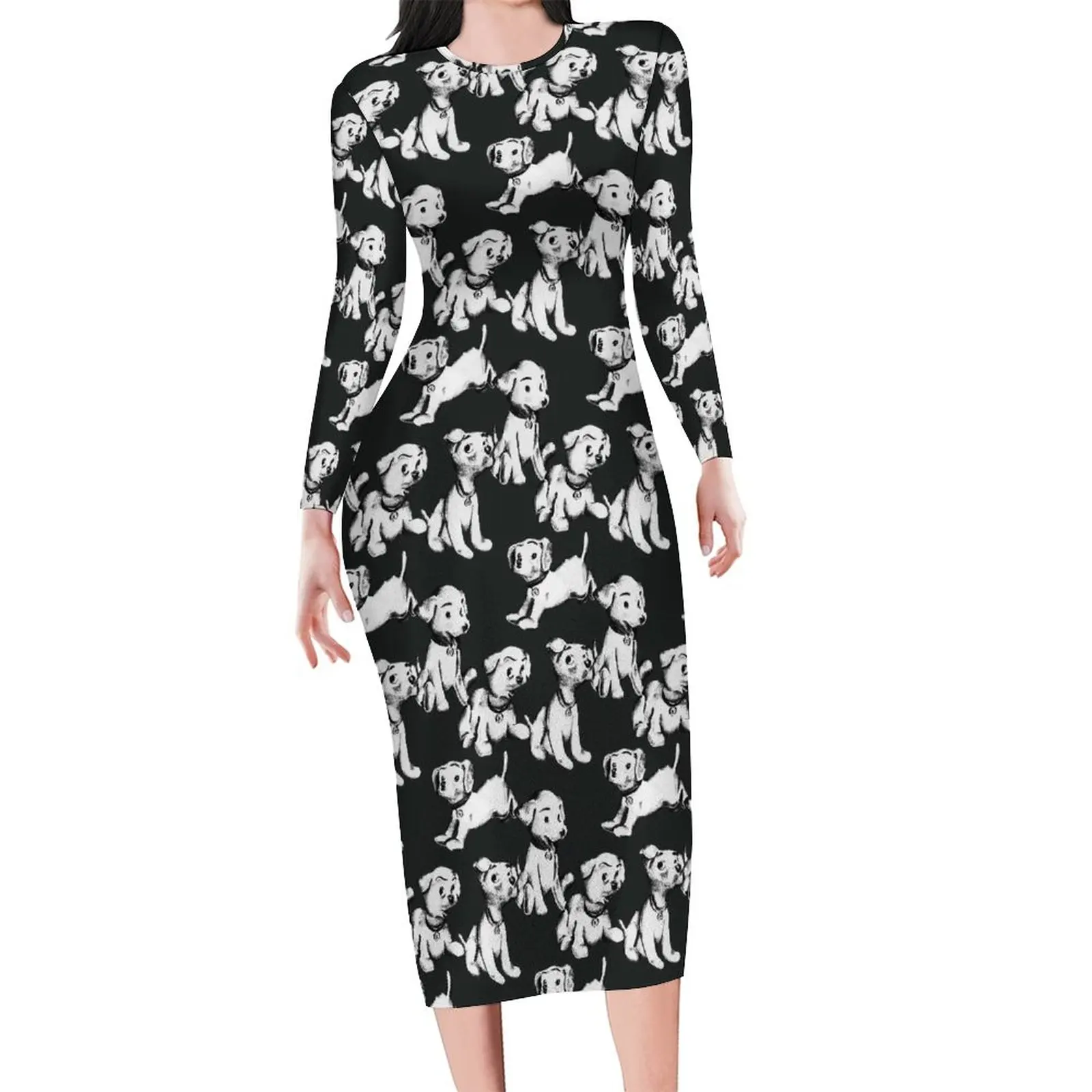 

Облегающее платье Happy Dog, праздничные сексуальные платья с забавными белыми собаками, женское дизайнерское эстетическое платье с длинным ру...