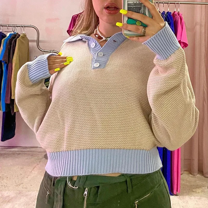 Женский трикотажный свитер на пуговицах короткий Свободный Повседневный