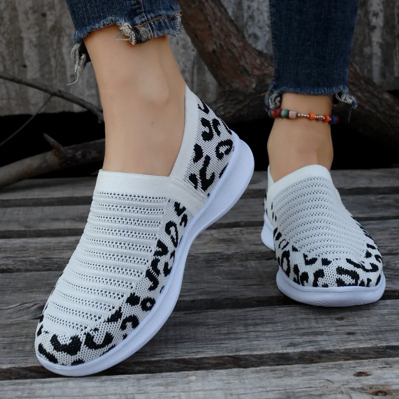 Women's Leopard Slip-on Sneakers Autumn 2023 New Mesh Breathable Female Low-heeled Flat Sport Shoes Ladies Walking Daily Sneaker