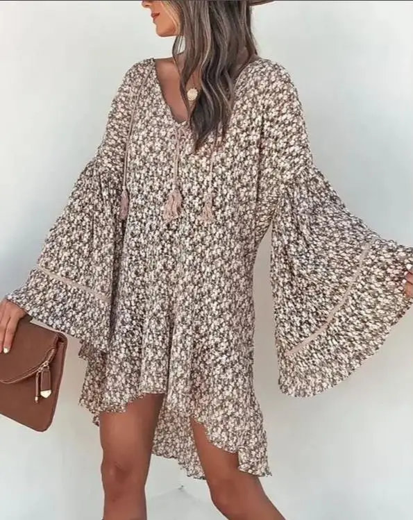 

Summer Floral Print Bell Sleeve Tassel Dresses for Women 2022 Casual Dress Women Spring New Fashion Loose Party Mini Dress