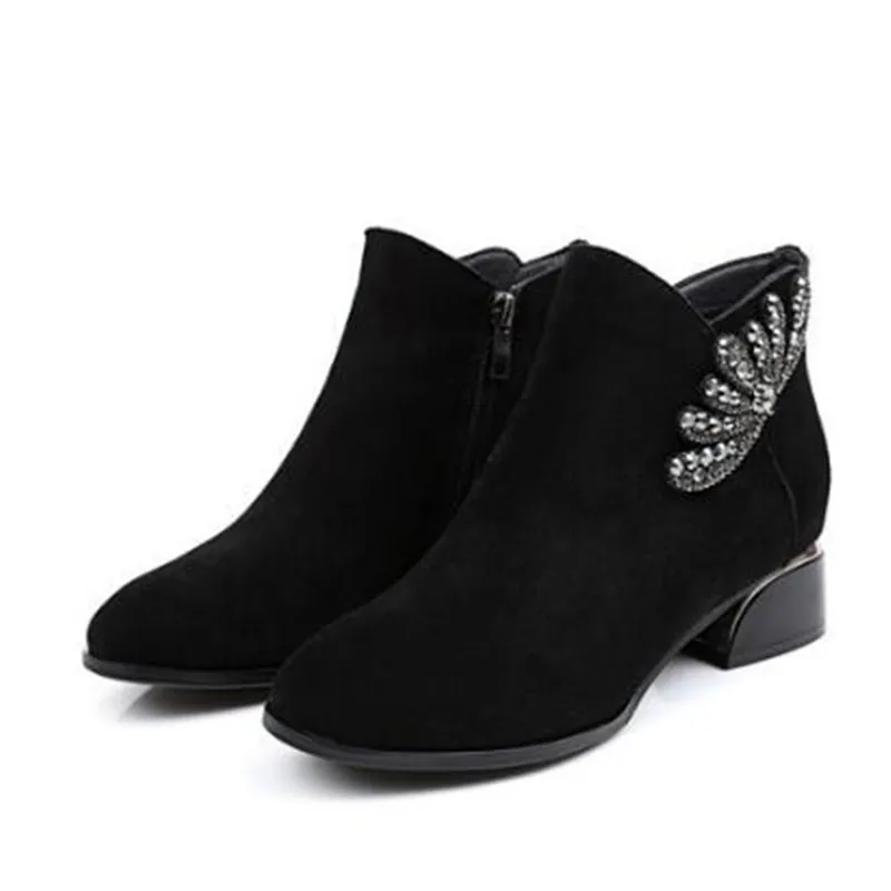 

Matte Cowhide Rhinestone Shoes Women's Leather Boots Autumn and Winter Boots Fashion Comfortable Low Heel Winter Snow Boots