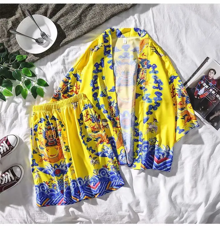 2PCS Cotton Men Robe Pajamas Sets Half Sleeve Kimono Robe&Shorts Thin Summer Print Crane Home Bathrobe Casual Loose Sleep Suit