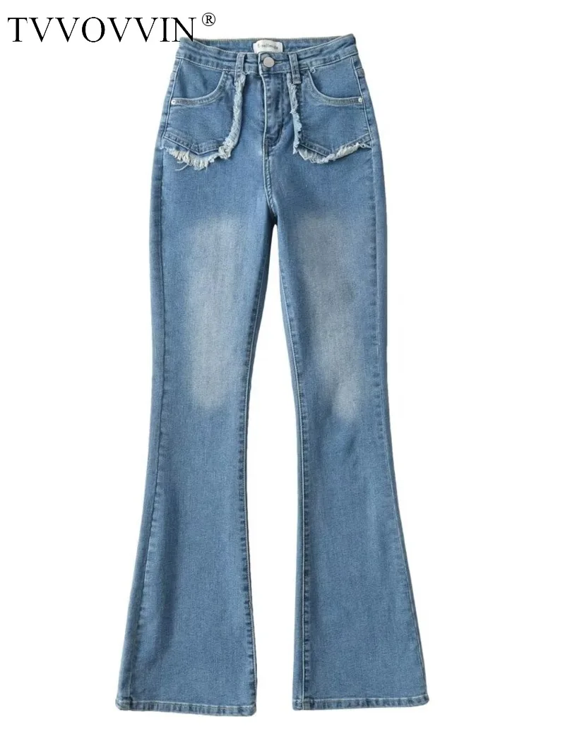 

TVVOVVIN Front pocket raw edge white micro horn jeans 2023 Spring/Summer women's high waisted elastic slim fitting jeans WFUU