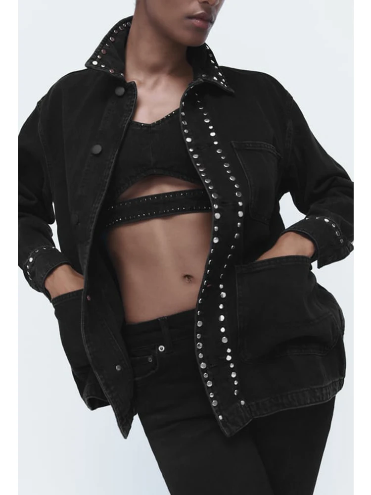 

TRAF Women's Denim Jacket Coat 2022 Spring Autumn Solid Jean Jackets Women Coats Female Denim Jacket Rivet Jacket Girl Outerwear
