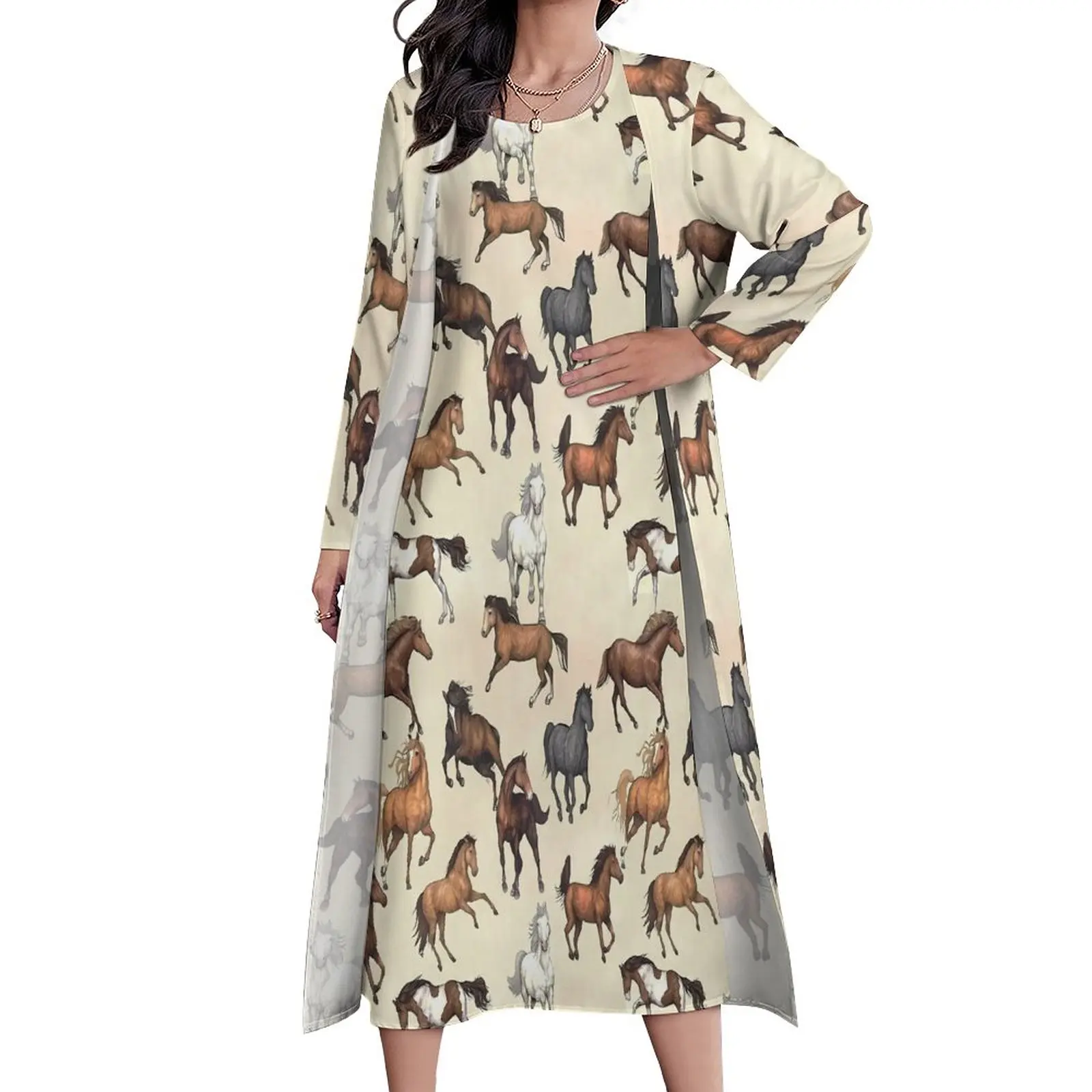 

Платье-макси с принтом лошади и заката, милое уличное модное богемное длинное платье с рисунком животного, женская одежда из двух предметов большого размера
