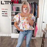 ltph streetwear casual blouse women vintage floral print puff sleeve tops square collar slim pleated pullover summer 2022 new