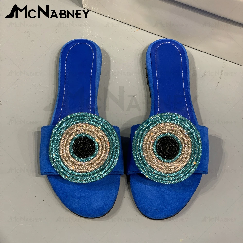 Blue Eyes Rhinestones Suede Slippers Gradient Diamond Flat Slippers Luxurious Bling Bling Summer Shoes for Women Custom Color