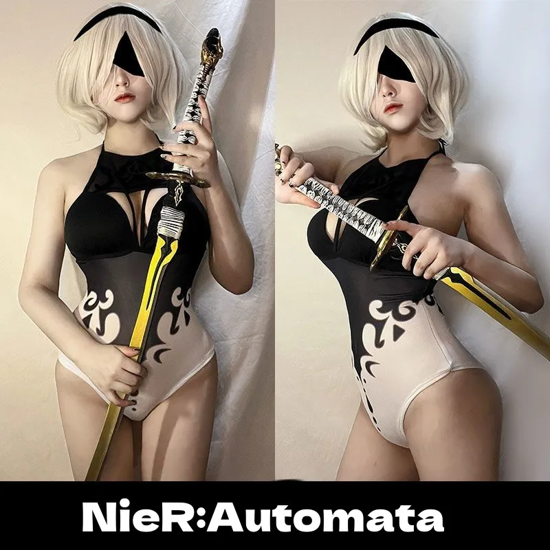 

Аниме игра Nier Automata Yorha 2B косплей костюм сексуальный ажурный купальник из двух частей бикини купальник с лямкой на шее купальный костюм комплект