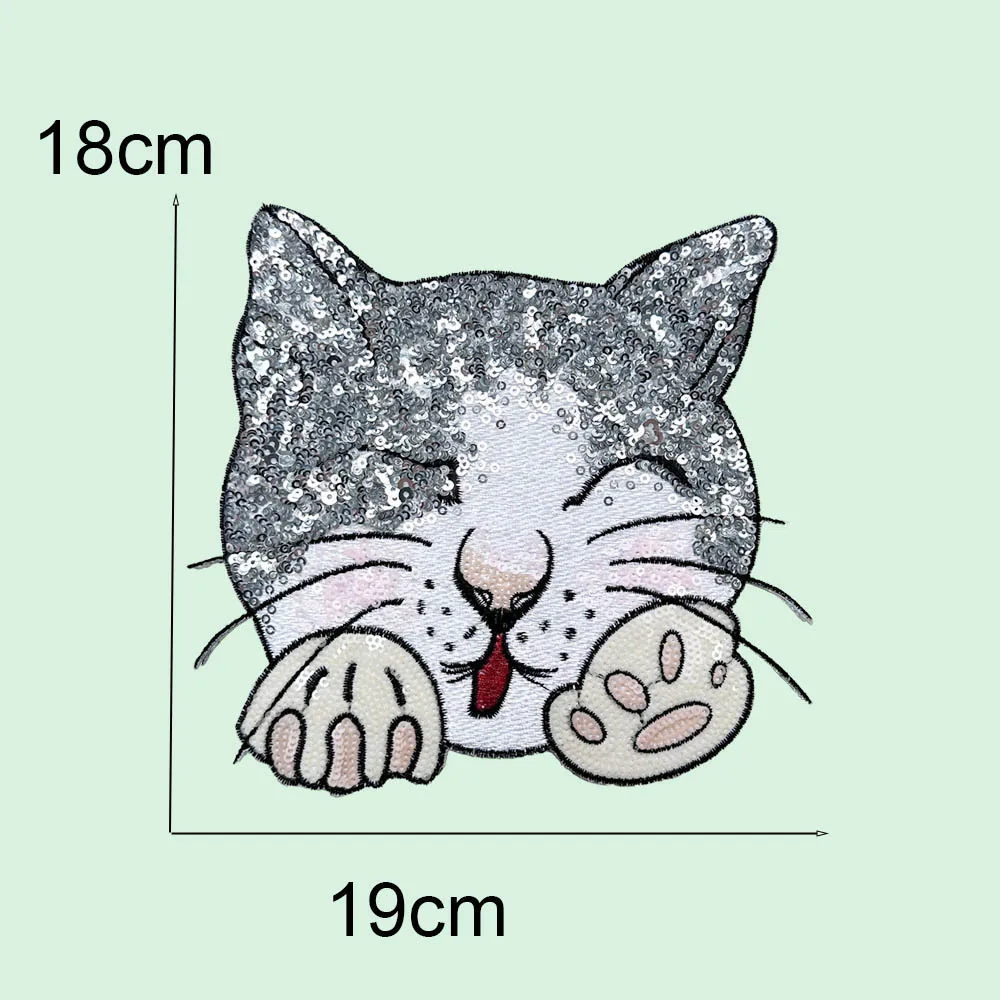 Серебряная нашивка с блестками и головой кошки стильное полиэстеровое