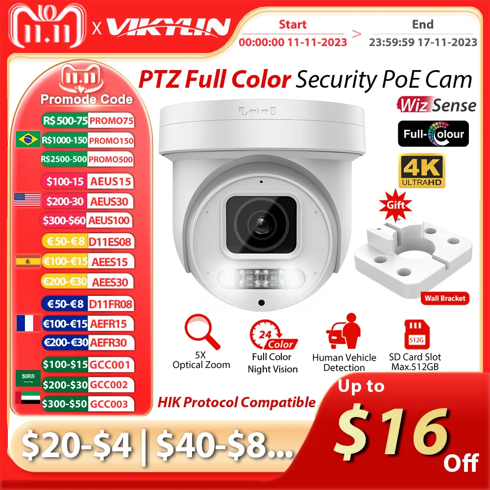 

IP-камера видеонаблюдения Vikylin, 8 Мп, 4K, 5-кратный зум, ночное видение, совместимая с Hikvision, POE, аудио, 512 ГБ, SD, купольная камера с обнаружением человека