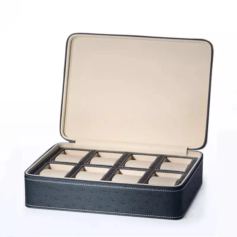 Enlarge New 8 Slots Leather Watch Box With Zipper Ostrich Skin Watch Collection Box Quality Box Watch Organizer