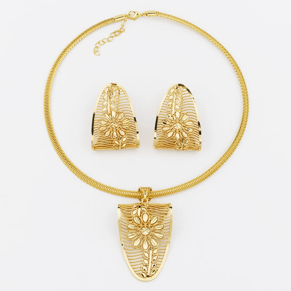 

Gold Color Jewelry Set for Women Fashion High Quality Copper Necklace Earring Bracelect Rings Set Wedding Party Jewelry