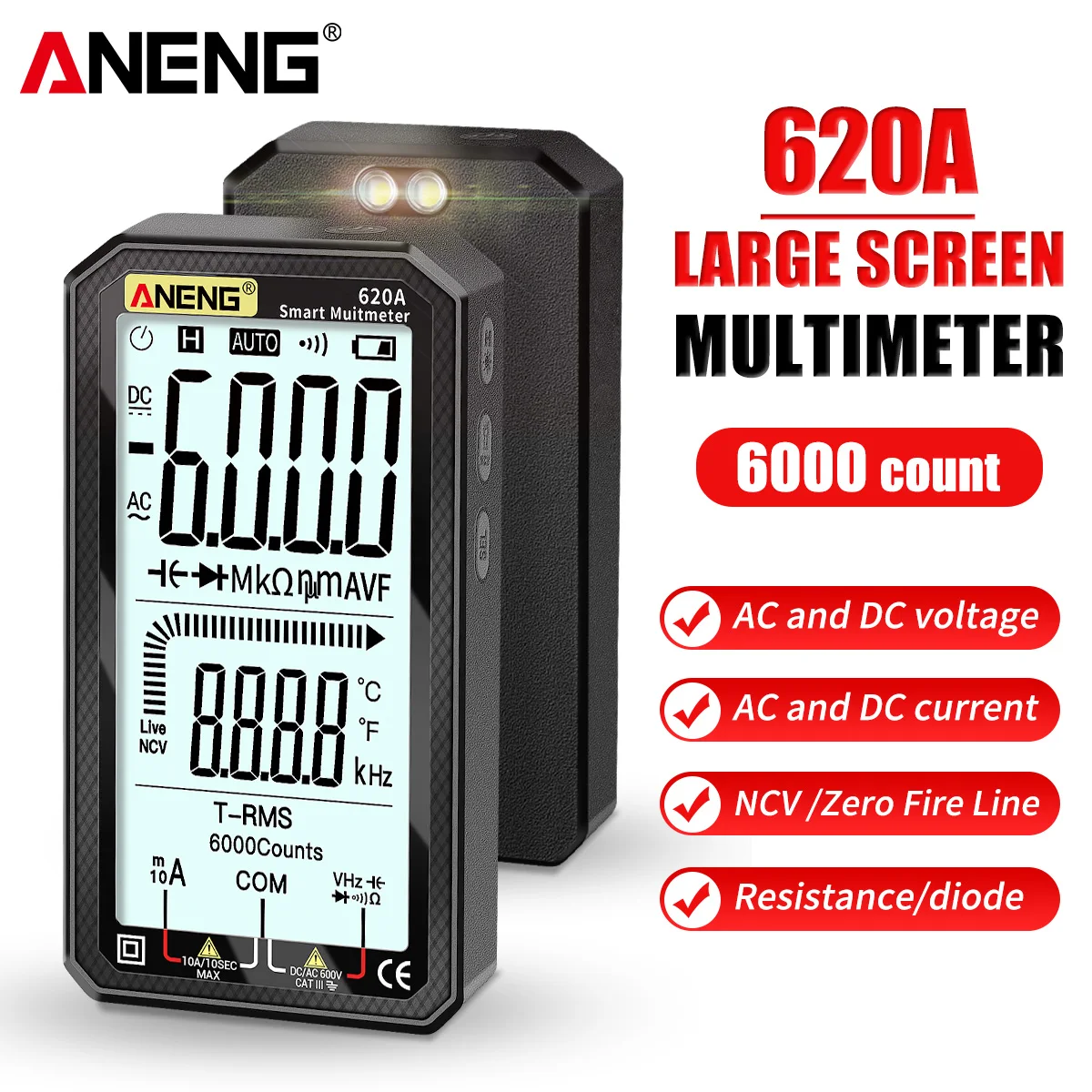 

ANENG 620A 4.7-Inch LCD Display AC/DC Digital Multimeter Ultraportable True-RMS Multimeter Auto-Ranging Multi Tester NCV Tester