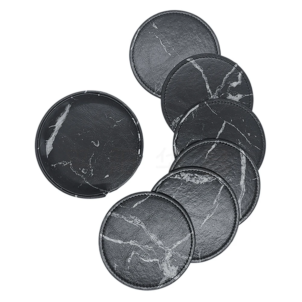 

High Quality Trick Coasters Cup Holder 10cm 7pcs/set Insulation Pad Leather Coaster Marble Texture Premium Round