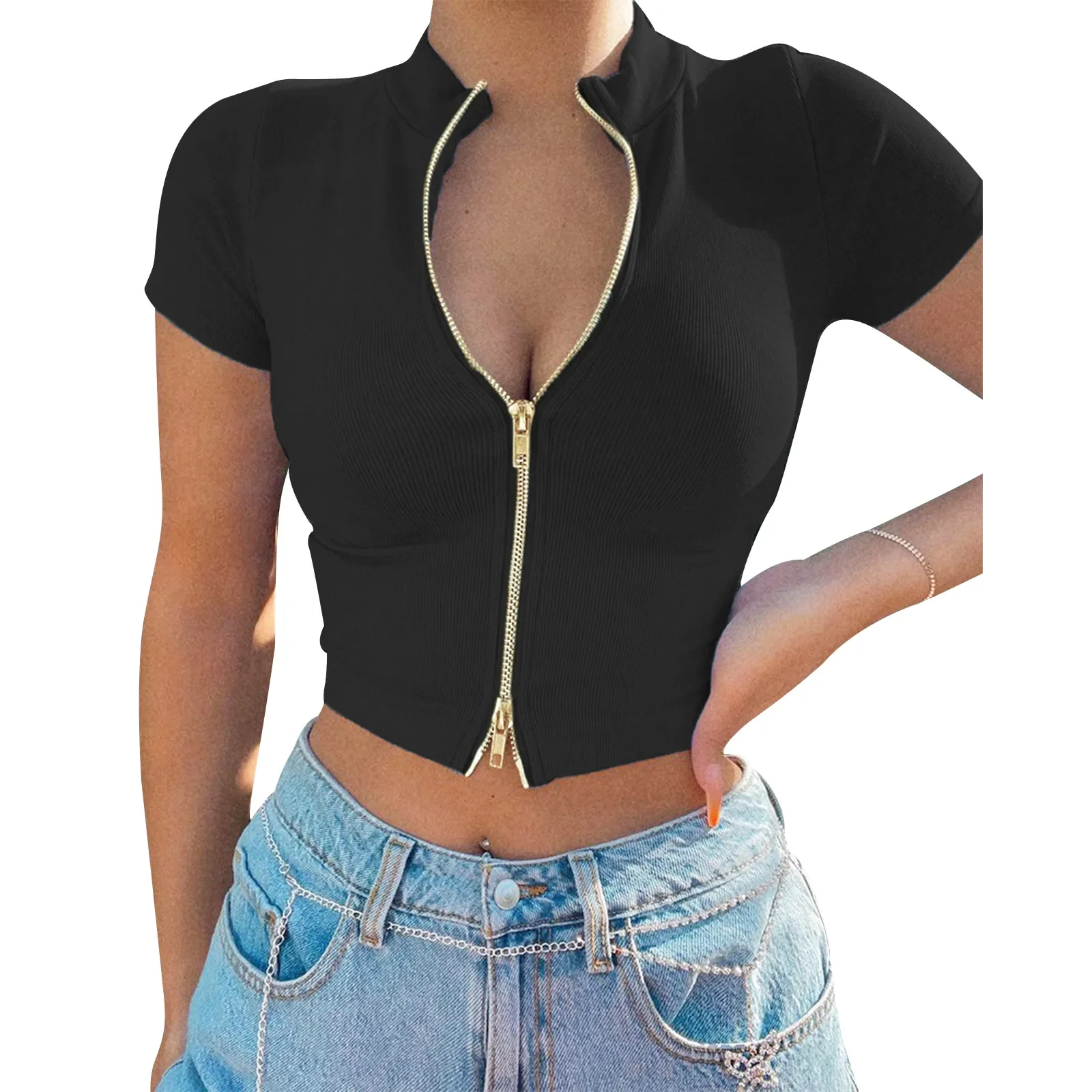

Rib Knit Crop Tops Streetwear Short Sleeve Mock Neck Zip Up Solid Color Slim Fit T-Shirts Summer Club Party Tops