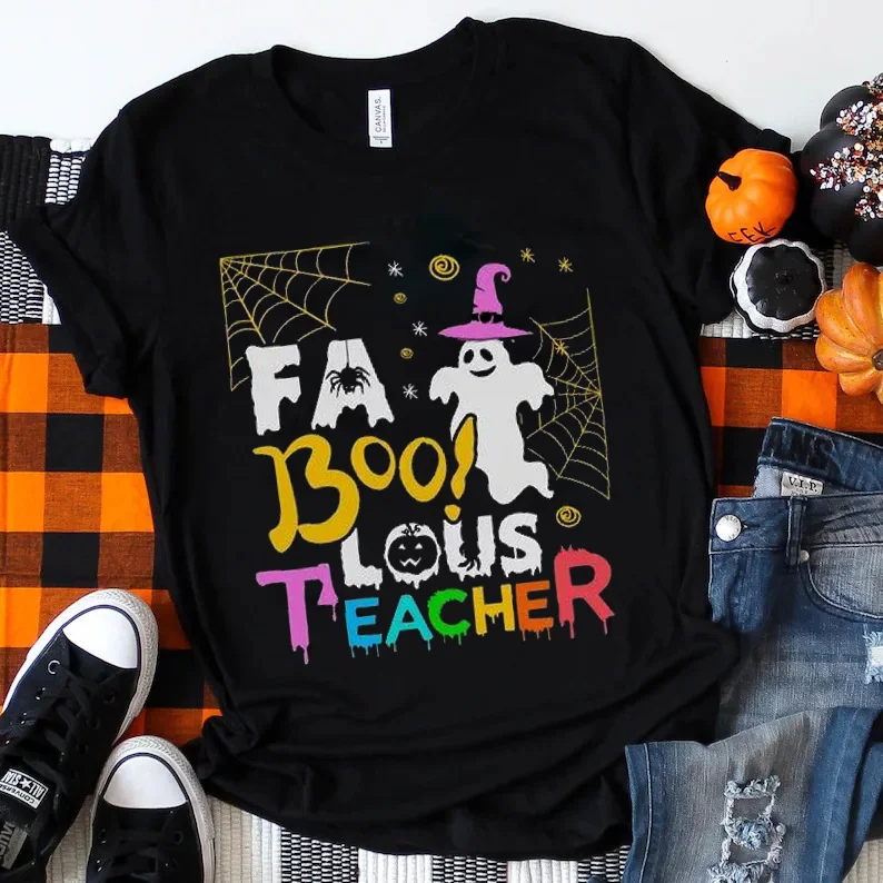

Высококачественная женская футболка Teeteety из 100% хлопка с принтом призрака Fa Boo Lous учителя с круглым вырезом