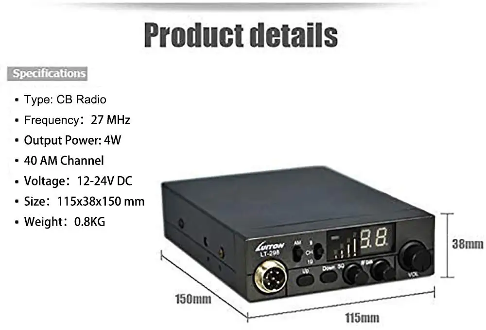Фото Радиостанция Luiton LT-298 AM/FM с переключателем, 27 МГц, CB-радио, базовая станция, 4 Вт, 40 каналов, разъем для внешнего динамика, передатчик-приемник, мобильная радиостанция. №4