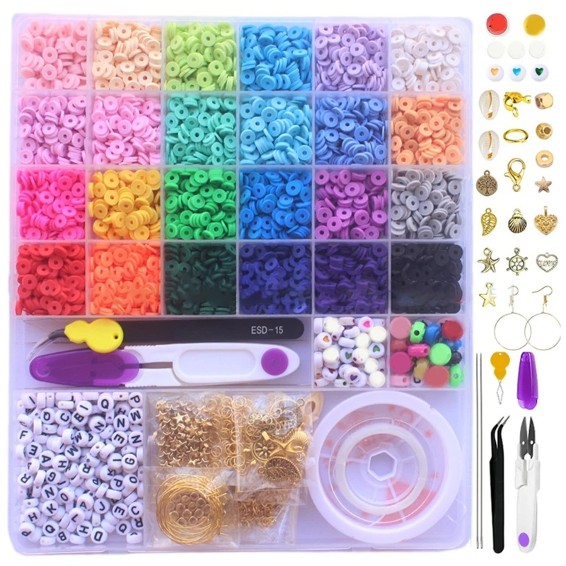 

634C Clay Beads Colorful Round Polymer Clay Spacer Beads with Pendant Charms Kit and Elastic Strings for DIY Making Jewelry