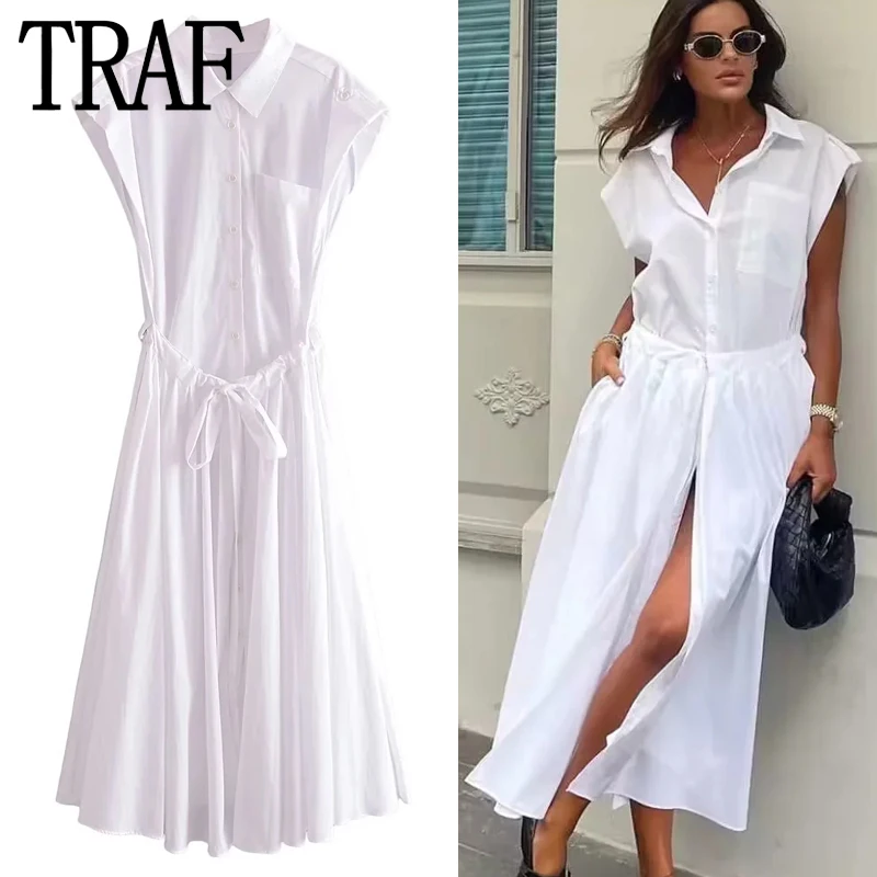 

TRAF 2023 White Long Dresses Women Summer Short Sleeve Shirt Dress Woman Button Elegant Casual Dresses Ruched Tied Midi Dresses