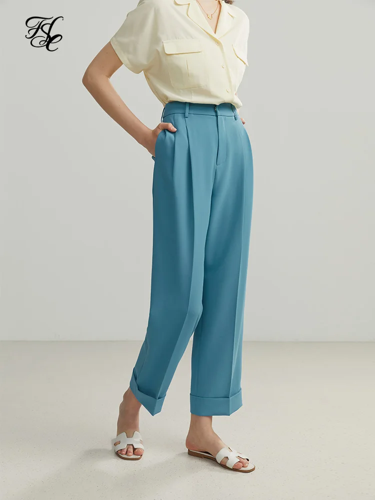 FSLE Summer 2022 Women Suit Pants Commuter Curling Design Nine Points Casual Office Lady Loose Wide Leg Straight Thin Trousers