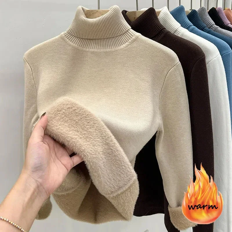 

Thicken Velvet Turtleneck Sweater Women Korean Fashion Lined Warm Sueter Knitted Pullover Slim Top Winter Jersey Knitwear Jumper