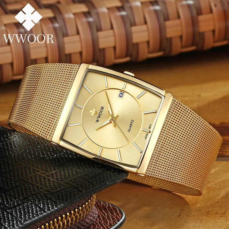 

WWOOR Top Luxury Fashion Luminous Watch Mens Calendar Waterproof Date Clock Mesh Belt Square Quartz Wristwatch Relogio Masculino