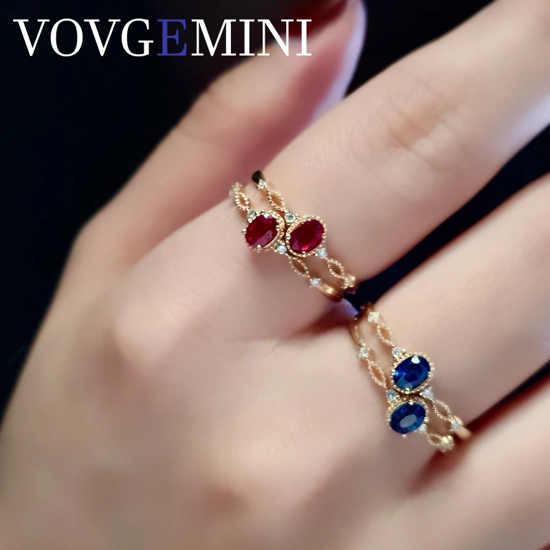 

VOVGEMINI 18k Gold Royal Blue Sapphire Vintage Ring 0.3ct Oval Pigeon Blood Ruby Rings With Diamond Fashion Jewelry For Women