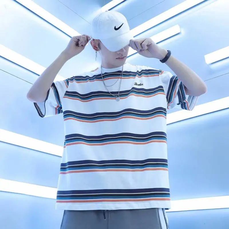 

Hip Hop Streetwear Tshirt Striped Print T-Shirt Harajuku Cotton Loose Short Sleeve T Shirt 2023 Men Fashion Summer Tops Tees y2k