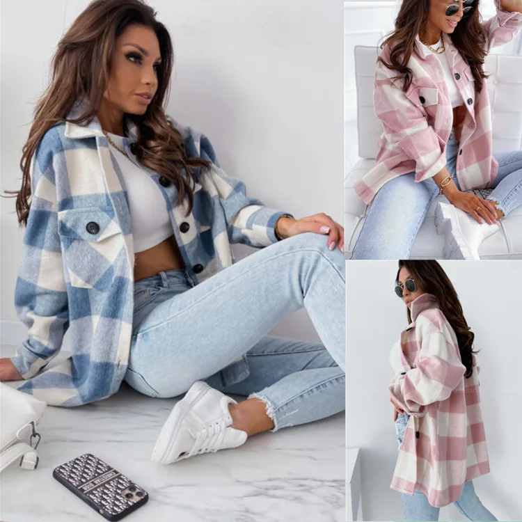 

Women's Autumn 2022 New Loose Plaid Woolen Long Sleeve Coat