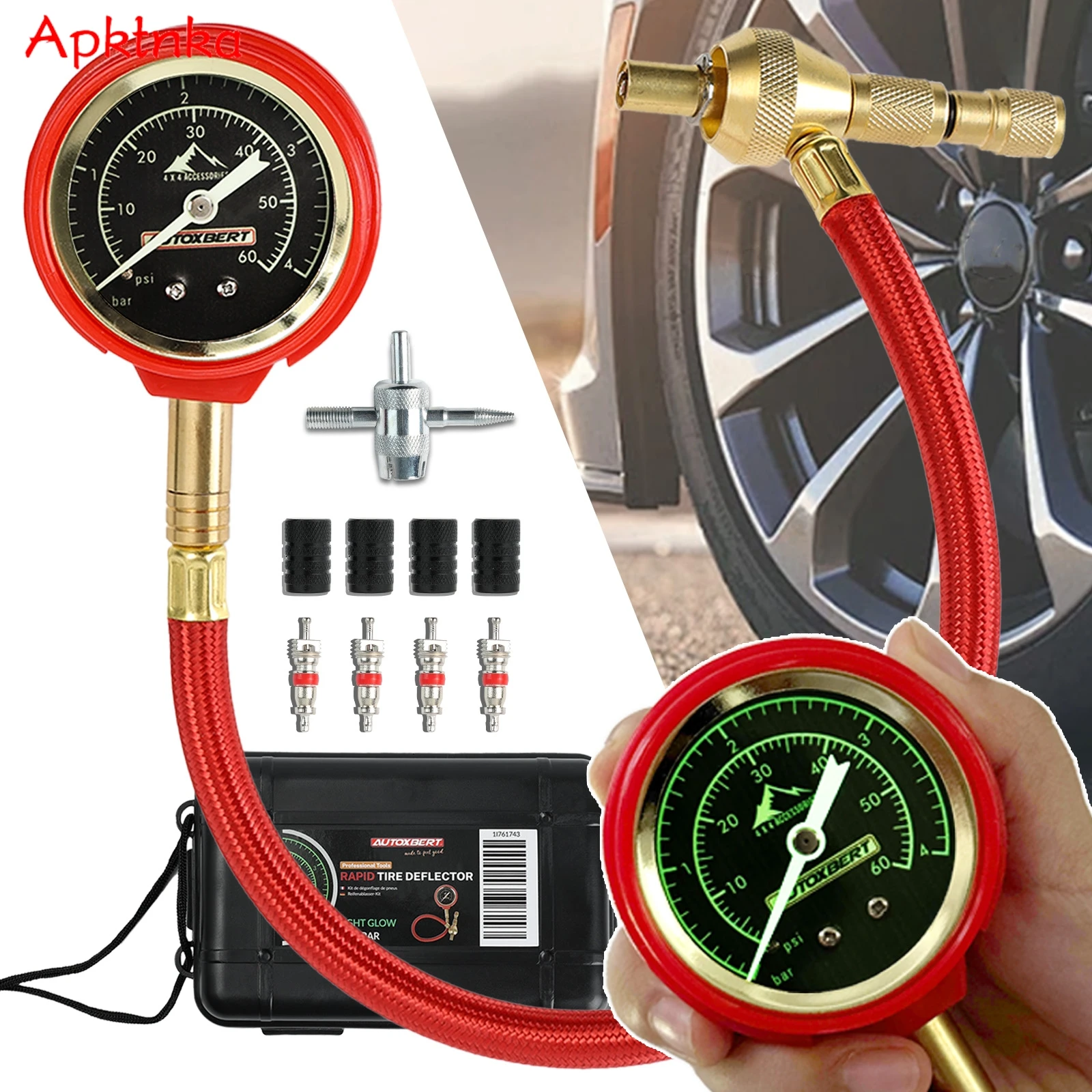 

Крышки штока клапана дефлятора шин 60 фунтов на квадратный дюйм, двухмасштабный светящийся циферблат, манометр для шин для Jeep, мотоциклов, квадроциклов, грузовиков, внедорожных аксессуаров