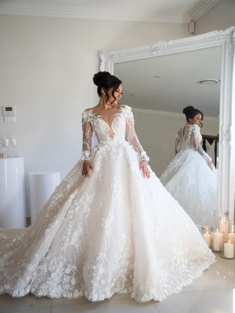 

Роскошные кружевные свадебные платья, свадебные платья с 3D цветами и бусинами и длинным рукавом, платья невесты 2022