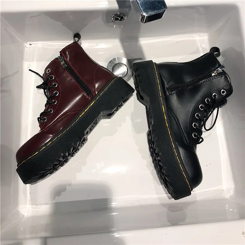 

2021 Boots Women Motorcycle Shoes Platforms Ankle Boots Wedges Female Lace Up Platforms Leather Oxford Shoes Woman High Heels