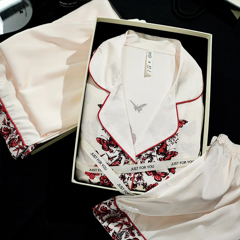 2024 всесезонная пижама из трех предметов ледяного шелка женский комплект с