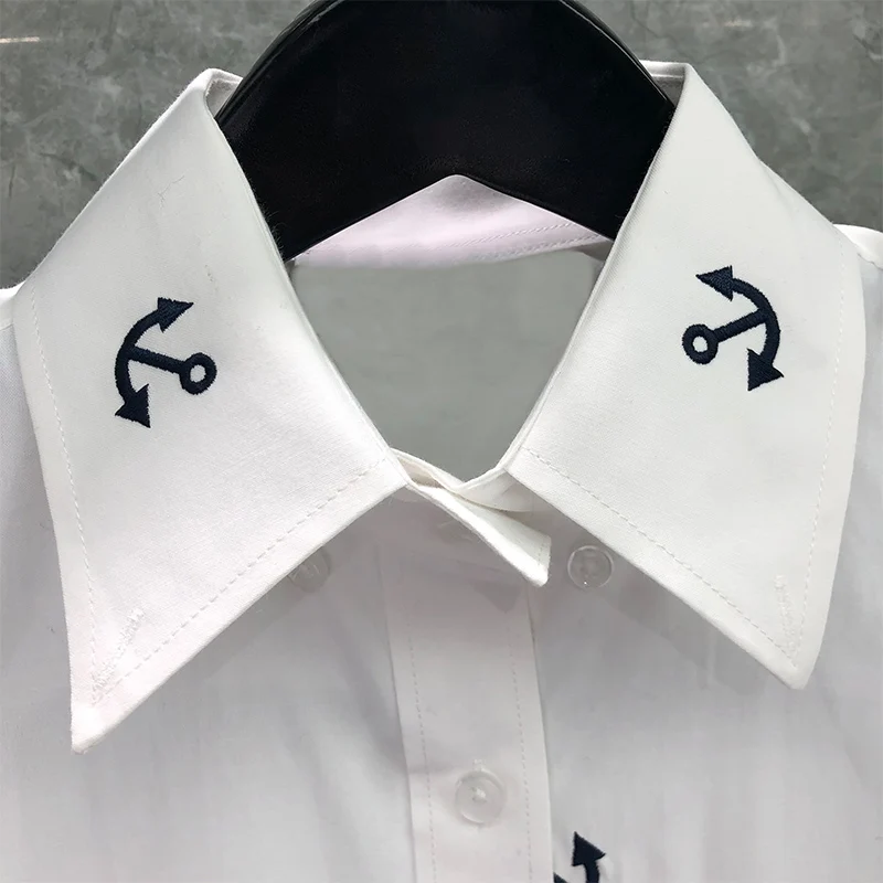 TB THOM Women's Long Blouse Spring Anchor Embroidery Designer Shirts Oxford Cotton Quality Long Sleeve Casual Female Shirt Skirt
