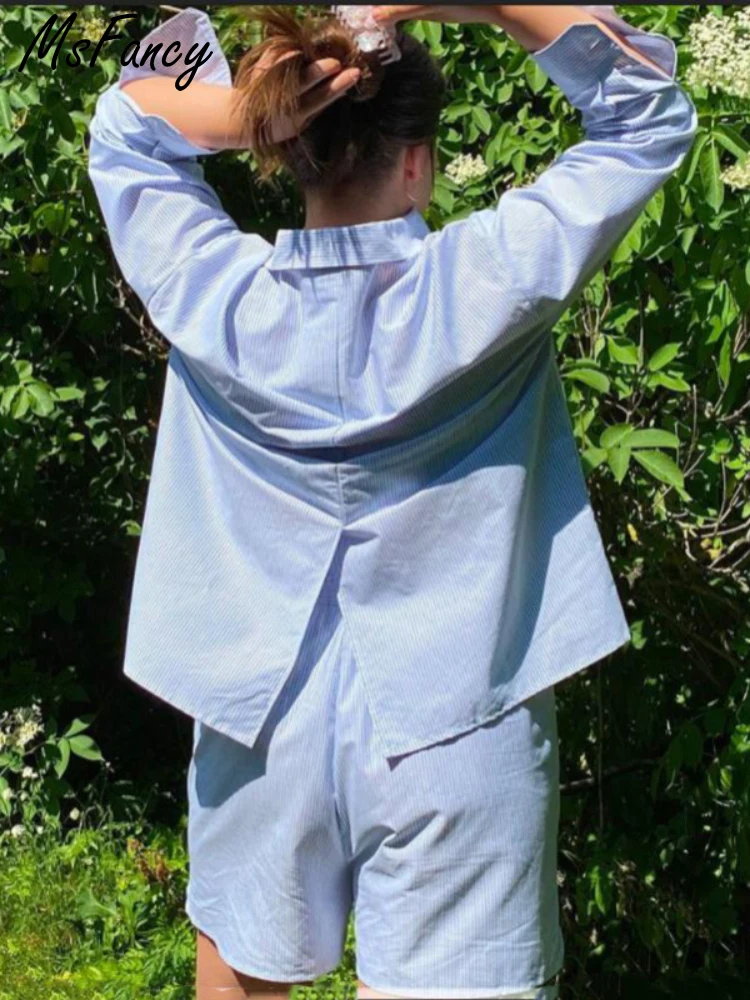 Рубашка Msfancy короткие комплекты женская рубашка с длинным рукавом пижама синие