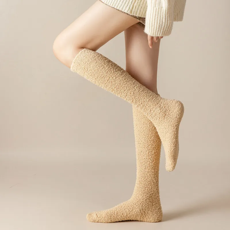 Long Winter Socks Women Solid Color Warm Coral Fleece Plush Sleep Floor Socking Thick Soft High Sock Hosiery Student Socken Girl