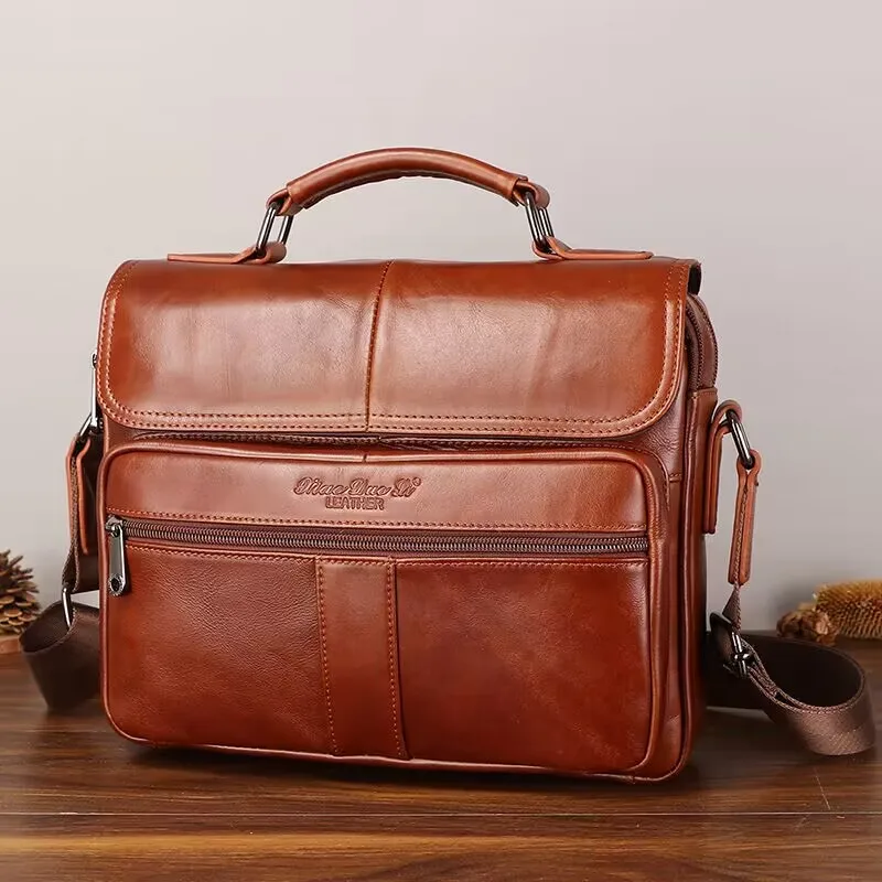 Men's Genuine Leather Handbags Male Large Business Side Shoulder Bag for Tablet Men' Real Leather Crossbody Bag Tote Boy