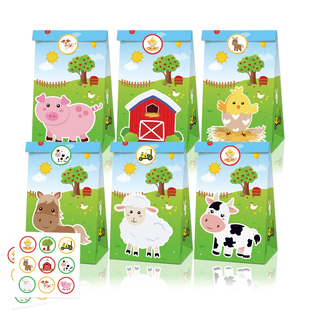 

LB030 12pcs Cartoon Farm Animals Cow Birthday Party Gift Bags with Sticker Baby Shower Party Cookies Biscuit Kraft Paper Bag
