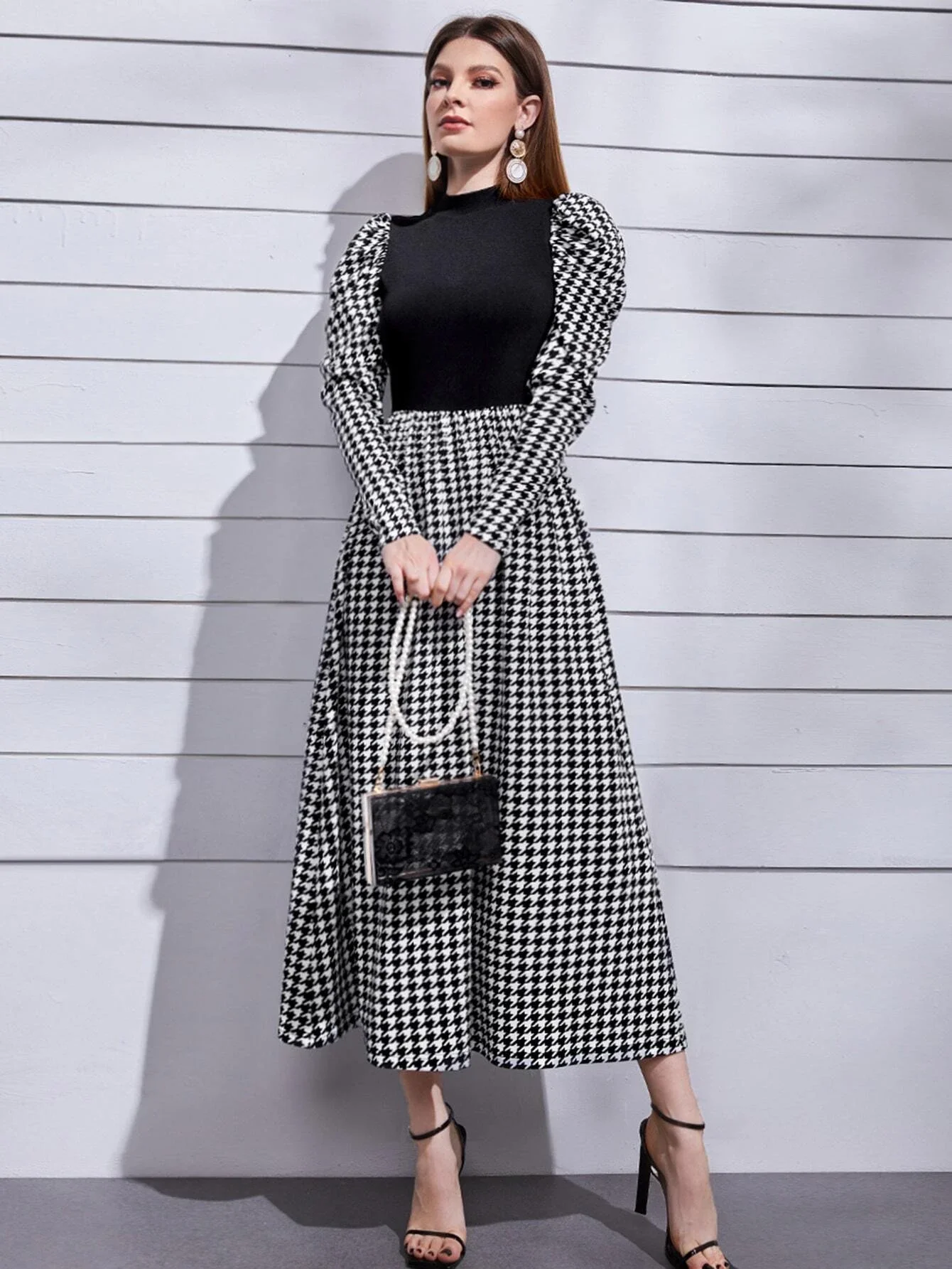 

Mock Neck Leg-of-mutton Sleeve Houndstooth Dress