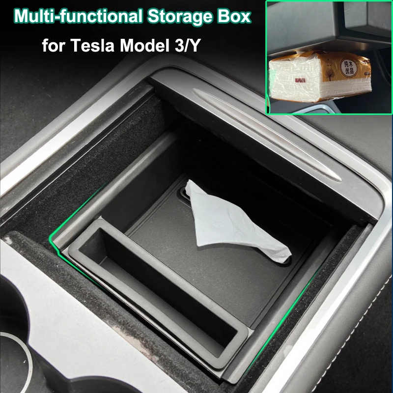 

For Tesla Model Y 3 2023 Center Console Storage Box Hidden Tissue Organizer Box with Separated Trash Can Interior Accessories