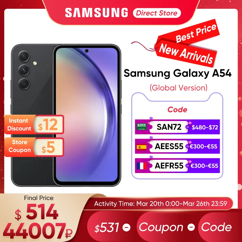 2023 Samsung Galaxy A54 5G Smartphone Android 13 Exynos 1380 Octa-core 120Hz Super AMOLED 5000mAh 25W Fast Charge Mobile Phone